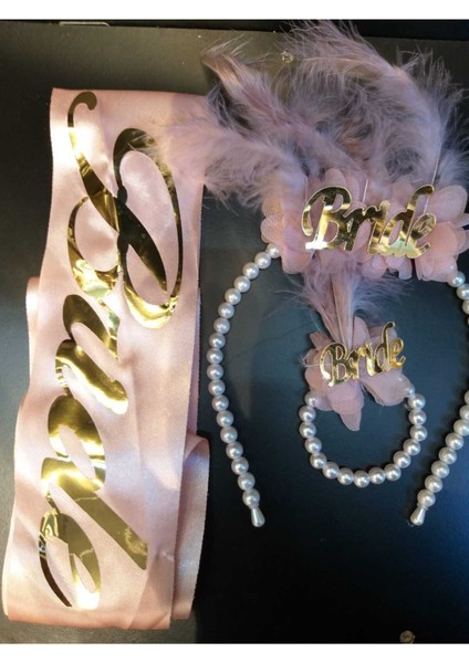 Incili Tüy Detaylı Gold Pembe Renk Bride Taç Bileklik Seti ve Gold Pembe Kuşak