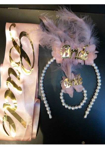 Incili Tüy Detaylı Gold Pembe Renk Bride Taç Bileklik Seti ve Gold Pembe Kuşak fiyatları