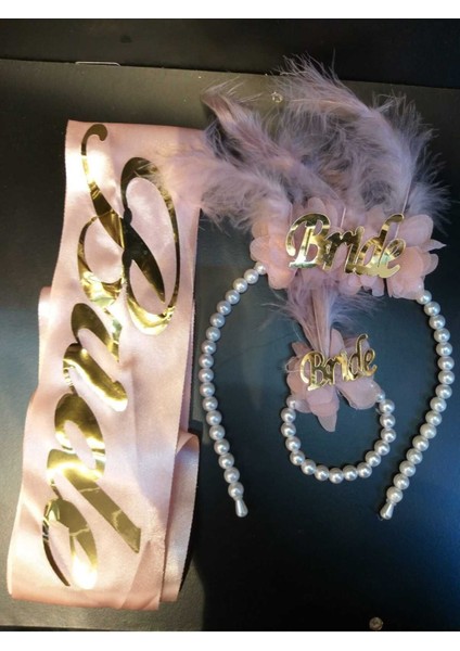 Incili Tüy Detaylı Gold Pembe Renk Bride Taç Bileklik Seti ve Gold Pembe Kuşak modelleri