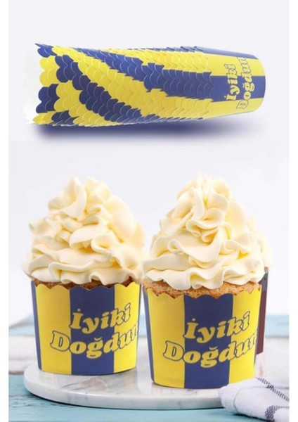 Sarı Lacivert Çizgili Iyi Ki Doğdun Desenli & Cupcake Kalıbı & Kek Kapsülü & 25'li Kek Kalıbı