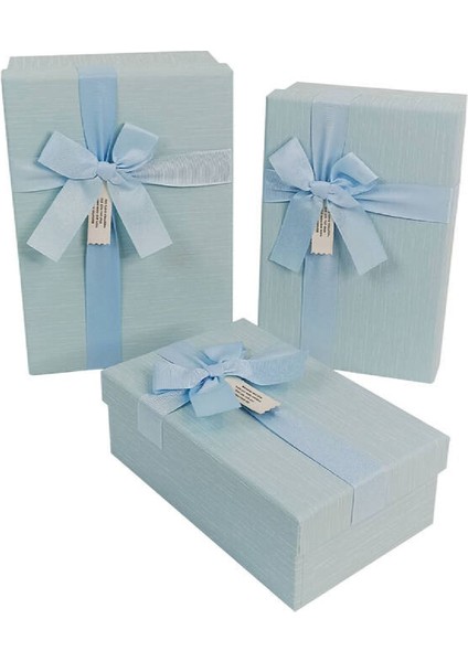 Mavi 3lü Takım Dikdörtgen Kutu Kurdeleli
