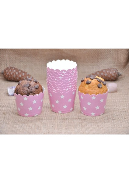 Pembe Üzerine Beyaz Yıldız Desenli & Cupcake Kalıbı & Kek Kapsülü & 25'li Kek Kalıbı