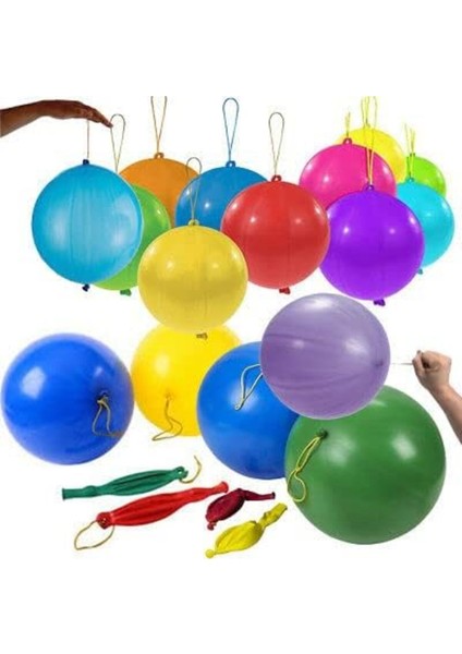 10 Adet Lastikli Zıpzıp Balon Ipli Punch Panç Büyük Balon