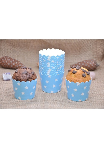 Mavi Üzerine Beyaz Yıldız Desenli & Cupcake Kalıbı & Kek Kapsülü & 25'li Kek Kalıbı