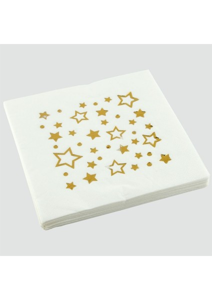 Beyaz Yaldızlı Altın Varaklı Yıldız Desenli Sunumluk Peçete 16 Adet Doğum Günü Parti Konsepti