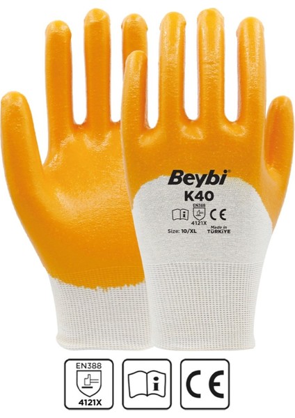 K40 Nitril Kaplı Pamuk ve Polyester Örgü Eldiven - 3 Çift