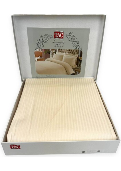 Premium Basic Çift Kişilik Stripe Pamuk Saten Nevresim Takımı - Krem