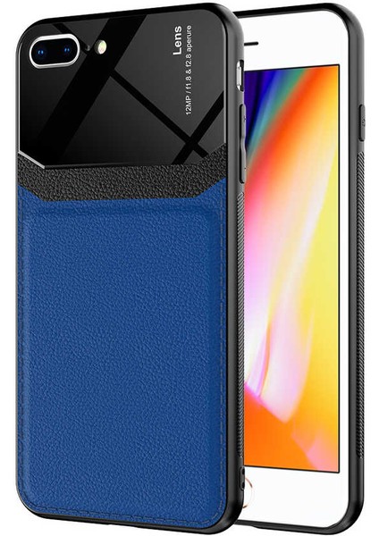 Apple iPhone 7 Plus - Kılıf Deri Görünümlü Parlak Mika Tasarımlı Emiks Kapak - Lacivert