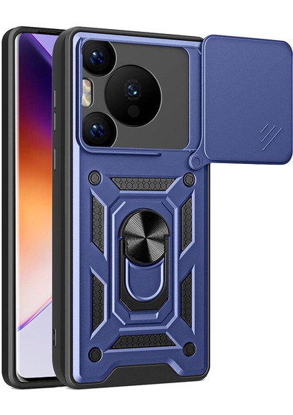 Huawei Pura 70 Pro 5g - Kılıf Magnetik Standlı Kamera Korumalı Sürgülü Vega Kapak - Mavi