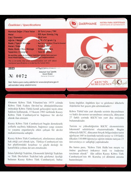 K.k.t.c. Kuzey Kıbrıs Türk Cum. 40 Senesi Mineli Hatira Parasi Sertifikali