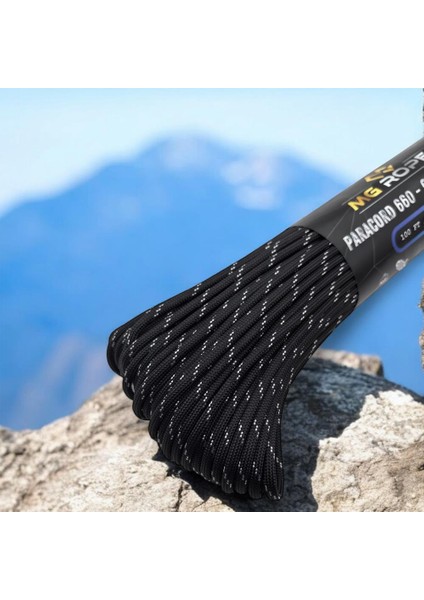 Polyester Paracord Ip 4 mm Beyaz Desenli Siyah Renk 30 Metre