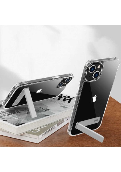 Apple iPhone 13 - Kılıf Standlı Şeffaf Silikon L-Stand Kapak - Şeffaf