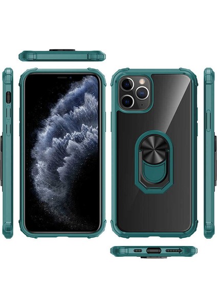 Apple iPhone 11 Pro Max - Kılıf Yüzüklü Arkası Şeffaf Koruyucu Mola Kapak - Yeşil