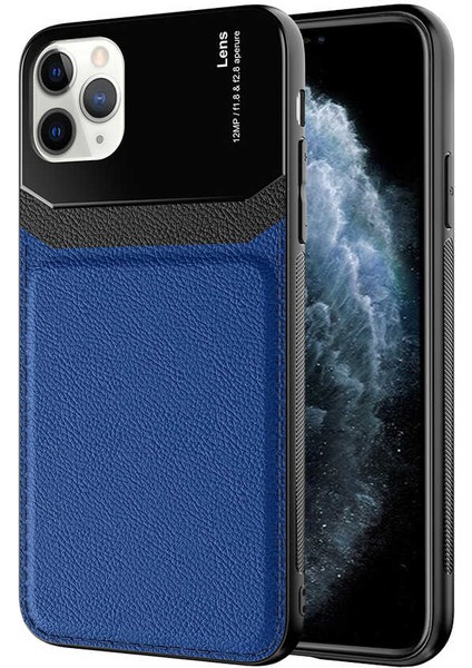 Apple iPhone 11 Pro - Kılıf Deri Görünümlü Parlak Mika Tasarımlı Emiks Kapak - Lacivert