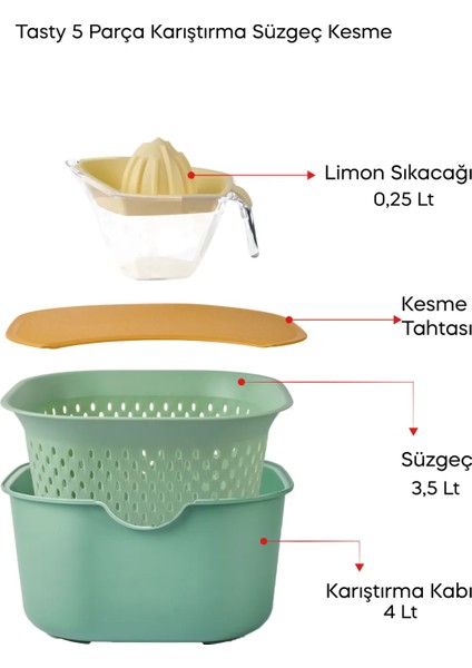 Tasty+5 Prç. Çok Amaçlı Karıştırma Kabı+Süzgeç+Kesme Tahtası Hazırlık Seti fırsatları