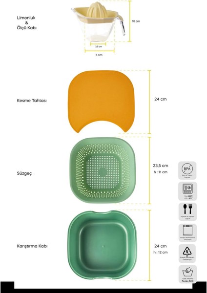 Tasty+5 Prç. Çok Amaçlı Karıştırma Kabı+Süzgeç+Kesme Tahtası Hazırlık Seti indirimleri