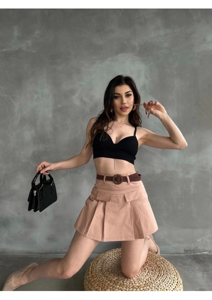 Kadın Vizon Piliseli Kemerli Mini Şortlu Etek