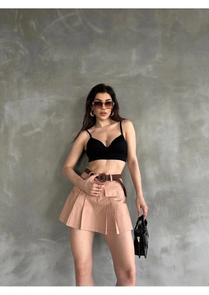 Kadın Vizon Piliseli Kemerli Mini Şortlu Etek
