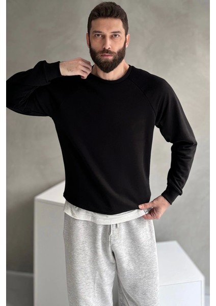 Erkek Siyah Reglan Kol 3 Iplik Sweatshirt