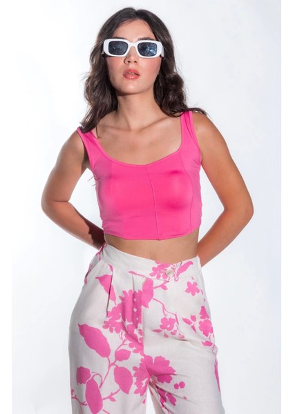 Kadın Önü Oval Kesim Çima Detay Sandy Kumaş Kalın Askılı Kadın Pembe Crop Bluz fiyatları