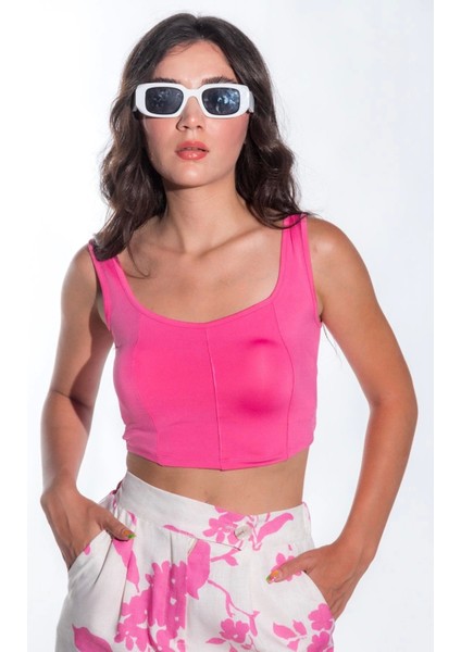 Kadın Önü Oval Kesim Çima Detay Sandy Kumaş Kalın Askılı Kadın Pembe Crop Bluz modelleri