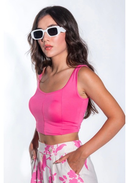 Kadın Önü Oval Kesim Çima Detay Sandy Kumaş Kalın Askılı Kadın Pembe Crop Bluz fırsatları