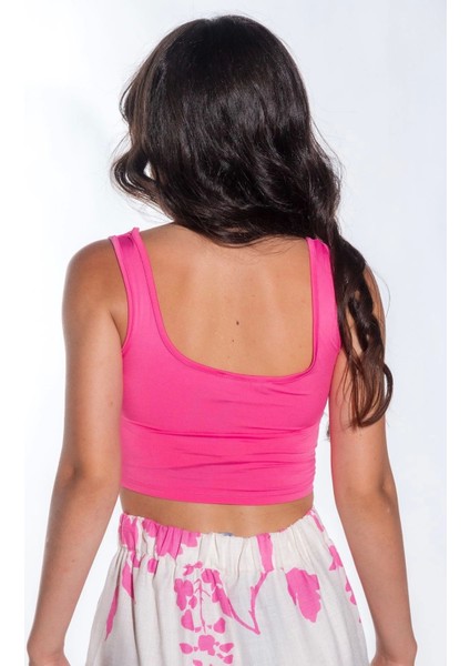 Kadın Önü Oval Kesim Çima Detay Sandy Kumaş Kalın Askılı Kadın Pembe Crop Bluz indirimleri