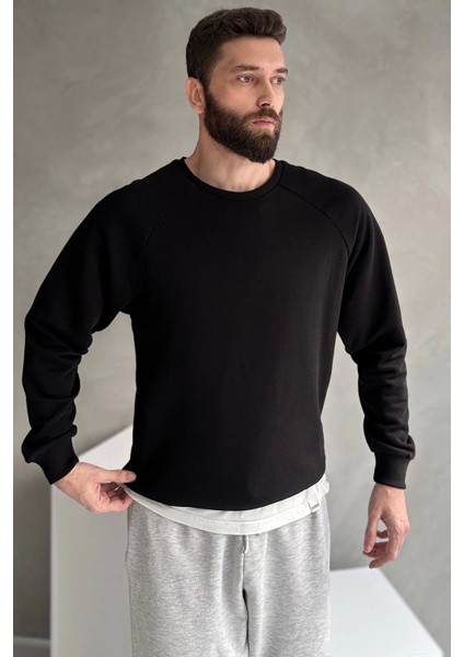 Erkek Siyah Reglan Kol 3 Iplik Sweatshirt