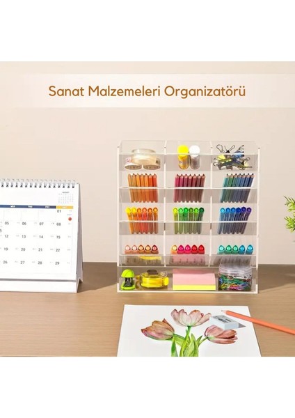 Yuvalı Şeffaf Akrilik Kalem ve Marker Organizer - Masaüstü Düzenleyici, Ofis ve Sanat Malzemeleri