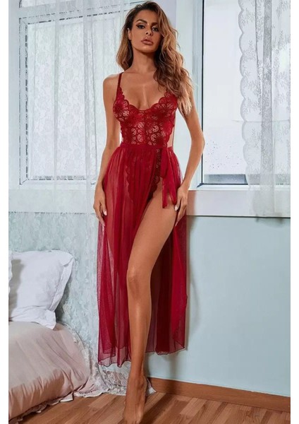 Kırmızı Midi Boy Tül ve String Dantel Body Gecelik