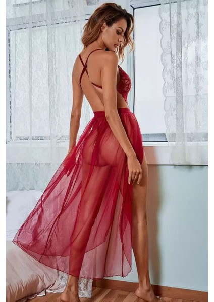 Kırmızı Midi Boy Tül ve String Dantel Body Gecelik fiyatları