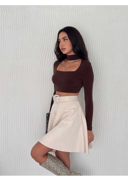 Kloş Süet Etek Kemerli / Suede Skırt