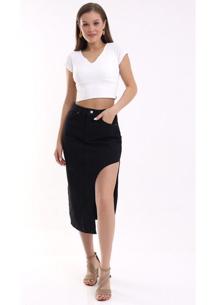 Kot Etek Yırtmaçlı Max Siyah/ Blue Denım Skırt Wıth Slıts fiyatları