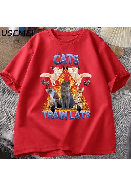 Kedi Tren Lats Graphci T Shirt Komik Spor Adam Giysileri Tshirt Boy Rahat Pamuk Kısa Kollu Ti