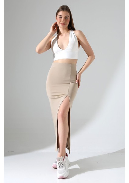 Dalgıç Kumaş Yırtmaçlı Uzun Etek Modern Tarz 92 cm Bej Renkli