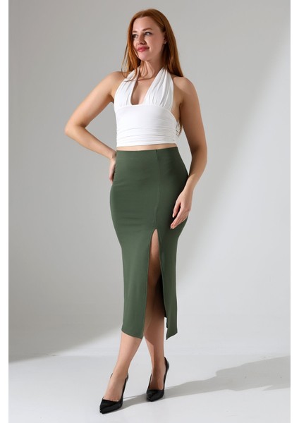 Kadın Önden Yırtmaçlı Etek Likralı Midi Boy / Women's Midi Length Skırt Wıth Front Slıt Lycra modelleri