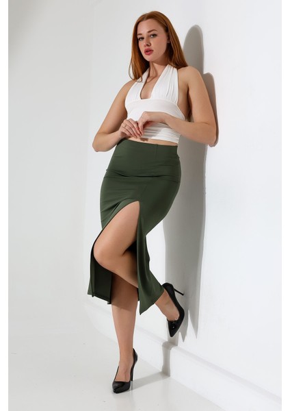 Kadın Önden Yırtmaçlı Etek Likralı Midi Boy / Women's Midi Length Skırt Wıth Front Slıt Lycra indirimleri