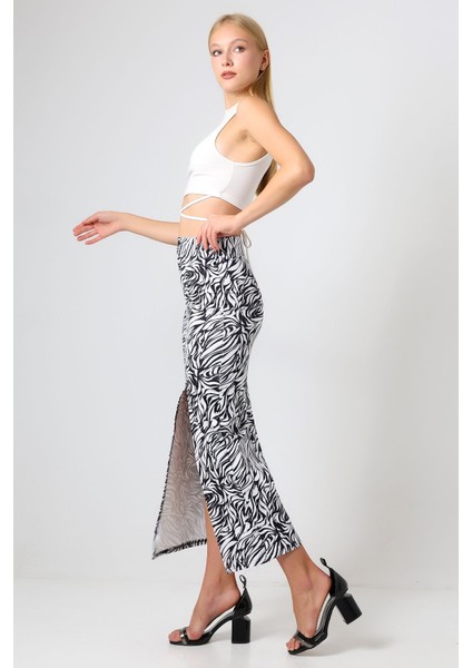 Uzun Yırtmaçlı Etek Dalgıç Kumaş Zebra Desenli 92 cm Şık ve Rahat fiyatları