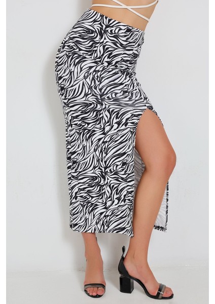 Uzun Yırtmaçlı Etek Dalgıç Kumaş Zebra Desenli 92 cm Şık ve Rahat indirimleri