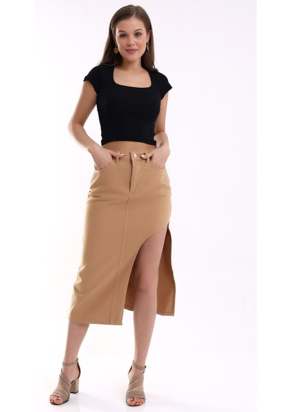 Kot Etek Yırtmaçlı Max Taba/ Blue Denım Skırt Wıth Slıts fırsatları