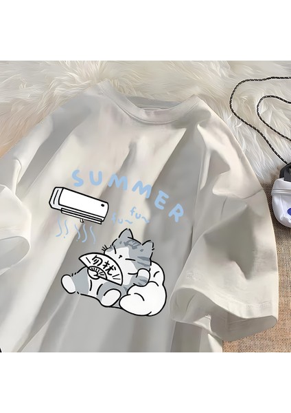Yaz Kedi T Shirt Erkekler Kadınlar Için Amerikan Sokak Yaratıcı Komik Klima Kedi T-Shirt Pamu