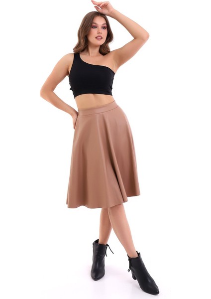 Kloş Etek Suni Deri Diz Boy