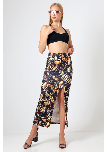 Dalgıç Kumaş Yırtmaçlı Uzun Etek Çok Renkli Desen 92 cm Rahat ve Şık