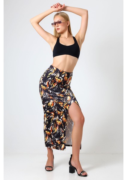 Dalgıç Kumaş Yırtmaçlı Uzun Etek Çok Renkli Desen 92 cm Rahat ve Şık fiyatları