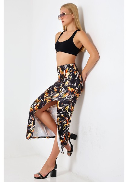 Dalgıç Kumaş Yırtmaçlı Uzun Etek Çok Renkli Desen 92 cm Rahat ve Şık modelleri