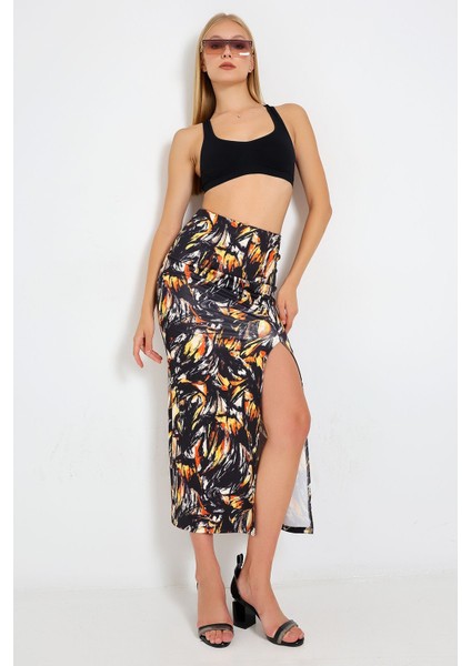 Dalgıç Kumaş Yırtmaçlı Uzun Etek Çok Renkli Desen 92 cm Rahat ve Şık indirimleri