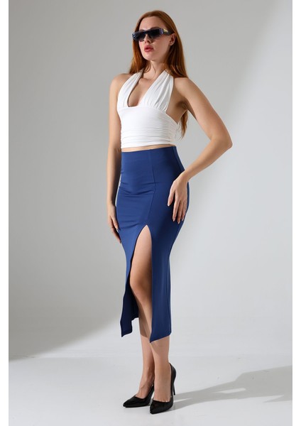 Kadın Önden Yırtmaçlı Etek Likralı Midi Boy / Women's Midi Length Skırt Wıth Front Slıt Lycra