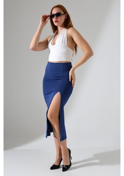 Kadın Önden Yırtmaçlı Etek Likralı Midi Boy / Women's Midi Length Skırt Wıth Front Slıt Lycra