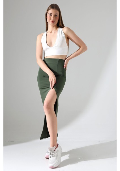 Dalgıç Kumaş Yırtmaçlı Uzun Etek Maxi Boy 92 cm Yeşil Renkli Esnek Tasarım modelleri