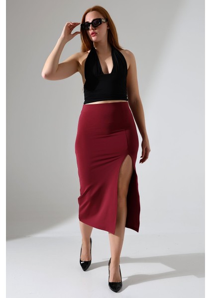 Kadın Önden Yırtmaçlı Etek Likralı Midi Boy / Women's Midi Length Skırt Wıth Front Slıt Lycra fırsatları